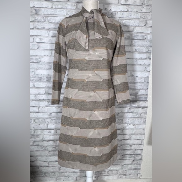 Bleeker Street Mod Retro Brown Cream Striped Neck Wrap Dress - Picture 1 of 11
